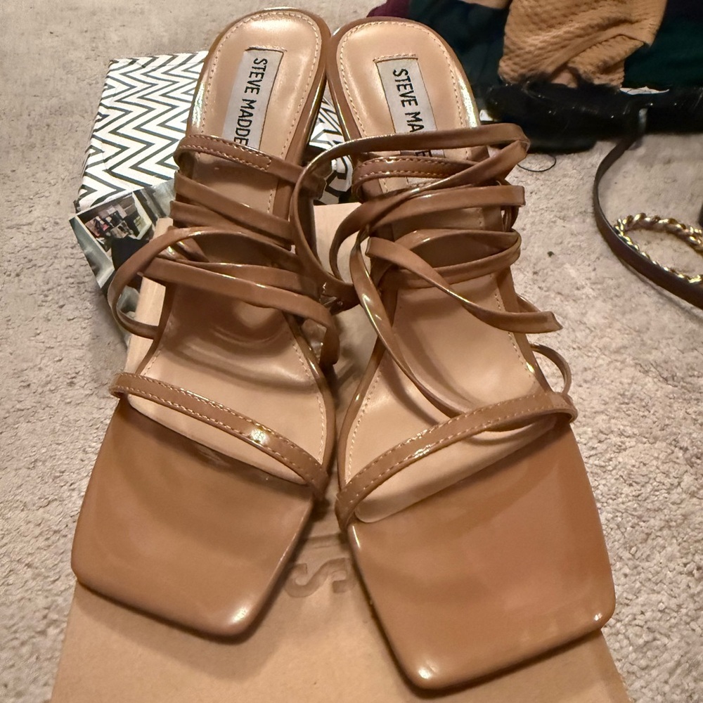 Steve Madden Brown Strappy Square-Toe Lace-Up Heeled Sandals